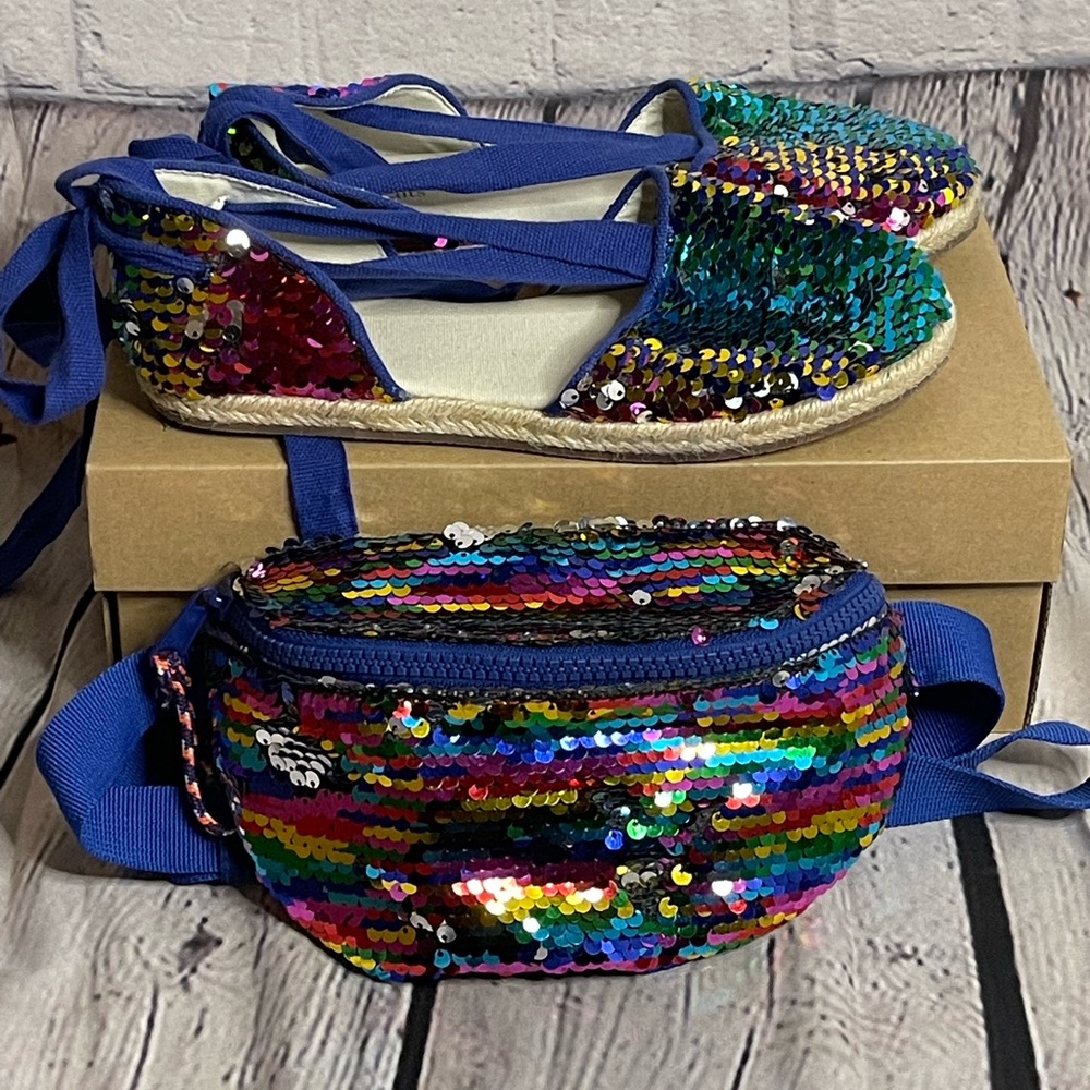 J CREW GIRLS’ SEQUIN ESPADRILLE SANDALS and matching J CREW Fannypack.
